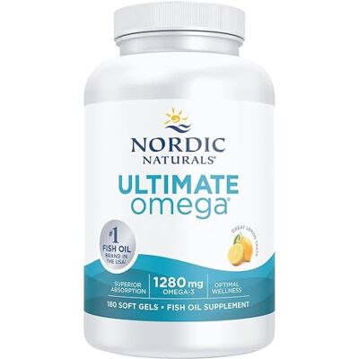 Nordic Naturals Ultimate Omega, capsules oméga-3 haute concentration, huile de poisson 1.280 mg, avec EPA et DHA, goût citron, 180 gélules molles, sans soja, sans gluten Nordic Naturals Ultimate Omega, capsules oméga-3 haute concentration, huile de poisson 1.280 mg, avec EPA et DHA, goût citron, 180 gélules molles, sans soja, sans gluten
