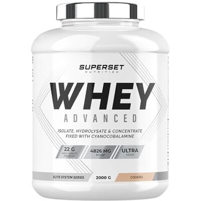 SUPERSET NUTRITION 100% Whey Proteine Advanced (2kg) Super Mix Concentrat + Isolat + Hydrolysat Whey protéine ultrafiltrée Cookies SUPERSET NUTRITION 100% Whey Proteine Advanced (2kg) Super Mix Concentrat + Isolat + Hydrolysat Whey protéine ultrafiltrée Cookies