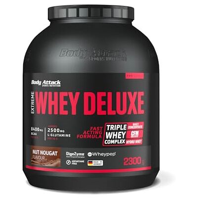 Body Attack Extreme Whey Deluxe – Nut Nougat, 2,3 kg, fabriqué en Allemagne, poudre de protéines avec acides aminés, triple complexe, CFM Whey Isolate, poudre de protéines parfaitement solubles Body Attack Extreme Whey Deluxe – Nut Nougat, 2,3 kg, fabriqué en Allemagne, poudre de protéines avec acides aminés, triple complexe, CFM Whey Isolate, poudre de protéines parfaitement solubles