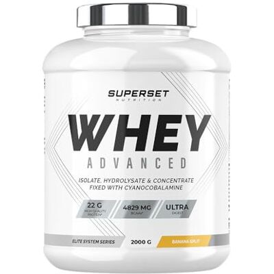 SUPERSET NUTRITION 100% Whey Proteine Advanced (2kg) Super Mix Concentrat + Isolat + Hydrolysat Whey protéine ultrafiltrée Banana Split SUPERSET NUTRITION 100% Whey Proteine Advanced (2kg) Super Mix Concentrat + Isolat + Hydrolysat Whey protéine ultrafiltrée Banana Split