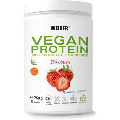 Weider Vegan Protein (750g) Saveur Fraise Protéine Vegan 23g/dose Isolée Pois (Pisane) et Riz. Avec Vitamine B12 et Stevia. Sans gluten, sans sucre. Pot 50% recyclé, 100% recyclable Weider Vegan Protein (750g) Saveur Fraise Protéine Vegan 23g/dose Isolée Pois (Pisane) et Riz. Avec Vitamine B12 et Stevia. Sans gluten, sans sucre. Pot 50% recyclé, 100% recyclable