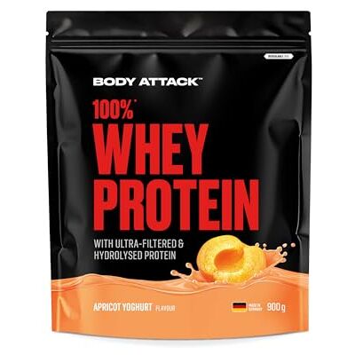 Body Attack 100 % protéines de lactosérum, yaourt abricot, 900 g, fabriqué en Allemagne, poudre de protéine extra crémeuse avec hydrolysat et BCAA, soutient le développement musculaire et les régimes Body Attack 100 % protéines de lactosérum, yaourt abricot, 900 g, fabriqué en Allemagne, poudre de protéine extra crémeuse avec hydrolysat et BCAA, soutient le développement musculaire et les régimes