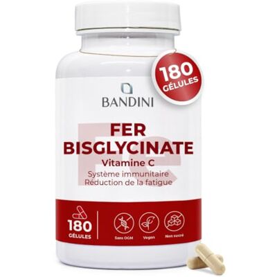 BANDINI ® Fer Bisglycinate 80mg 180 Gélules (6 Mois) + Vitamine C et Acerola Complément Alimentaire Absorption & Biodisponibilité maximale Pour Fatigue & Système Immunitaire Capsules Végétaliennes BANDINI ® Fer Bisglycinate 80mg 180 Gélules (6 Mois) + Vitamine C et Acerola Complément Alimentaire Absorption & Biodisponibilité maximale Pour Fatigue & Système Immunitaire Capsules Végétaliennes
