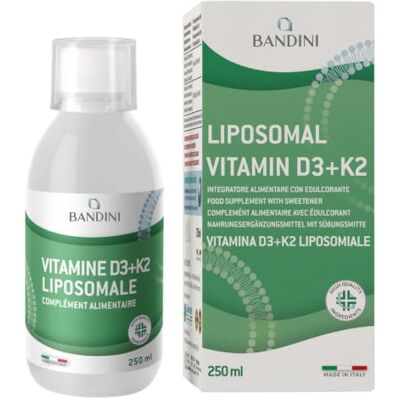 BANDINI ® Vitamine D3 + K2 Liposomale Liquide 250ml Sirop de Haute dose Complément D3 2000 UI (Cholécalciférol) + K2-MK7 200mcg Fonctionnement du Système Immunitaire et Défenses Naturelles BANDINI ® Vitamine D3 + K2 Liposomale Liquide 250ml Sirop de Haute dose Complément D3 2000 UI (Cholécalciférol) + K2-MK7 200mcg Fonctionnement du Système Immunitaire et Défenses Naturelles