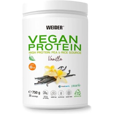 Weider Vegan Protéine (750g) Saveur Vanille. Protéines végétaliennes 23g/dose isolées de pois et de riz, Avec Vitamine B12 et Stevia, Sans Gluten, Sans Sucre, Conteneur 50% Recyclé, 100% Recyclable Weider Vegan Protéine (750g) Saveur Vanille. Protéines végétaliennes 23g/dose isolées de pois et de riz, Avec Vitamine B12 et Stevia, Sans Gluten, Sans Sucre, Conteneur 50% Recyclé, 100% Recyclable
