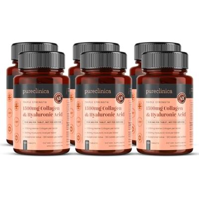 pureclinica 1500 mg x 1080 comprimés. 1200 mg de Collagène UltraColl et 300 mg d'acide hyaluronique par comprimé. (6 flacons de 180 comprimés chacun 36 mois d'approvisionnement) pureclinica 1500 mg x 1080 comprimés. 1200 mg de Collagène UltraColl et 300 mg d'acide hyaluronique par comprimé. (6 flacons de 180 comprimés chacun 36 mois d'approvisionnement)
