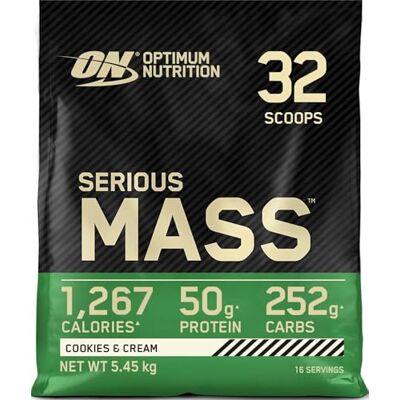 Optimum Nutrition Serious Mass Gainer en Poudre, Goût Cookies and Cream, 5.45kg, 16 Doses Optimum Nutrition Serious Mass Gainer en Poudre, Goût Cookies and Cream, 5.45kg, 16 Doses