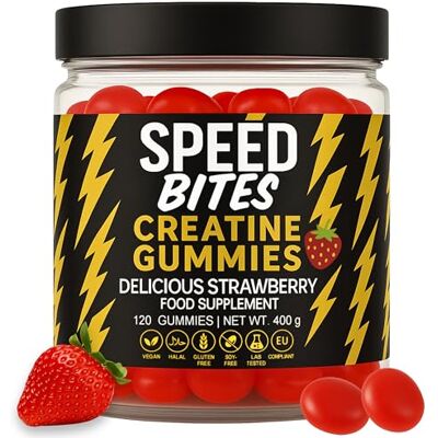 Speed Bites Créatine HCl Gummies Fraise – 1600 mg de Créatine HCl Pure = 5000 mg Monohydrate – Vegan, Sans Sucre, Haute Absorption – Force, Énergie & Récupération – Fabriqué dans l’UE – 120 Gummies Speed Bites Créatine HCl Gummies Fraise – 1600 mg de Créatine HCl Pure = 5000 mg Monohydrate – Vegan, Sans Sucre, Haute Absorption – Force, Énergie & Récupération – Fabriqué dans l’UE – 120 Gummies