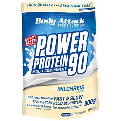 Body Attack Power Protein 90, riz au lait, 500 g, poudre de protéines 5K avec protéines de lactosérum, L-carnitine et BCAA pour le développement musculaire et le fitness, fabriqué en Allemagne Body Attack Power Protein 90, riz au lait, 500 g, poudre de protéines 5K avec protéines de lactosérum, L-carnitine et BCAA pour le développement musculaire et le fitness, fabriqué en Allemagne