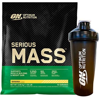 Optimum Nutrition Serious Mass Proteine Whey en poudre Complément calorique pour le développement musculaire et l'augmentation de la masse de goût banane 16 portions 5,45 kg + Shaker Optimum Nutrition Serious Mass Proteine Whey en poudre Complément calorique pour le développement musculaire et l'augmentation de la masse de goût banane 16 portions 5,45 kg + Shaker