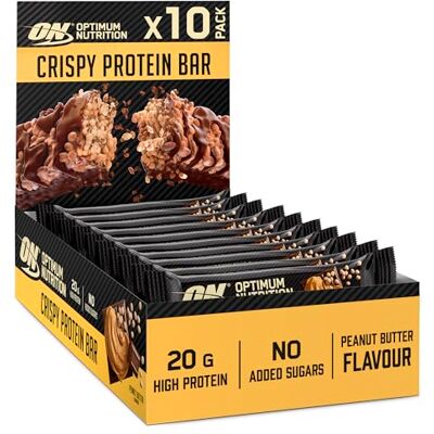 Optimum Nutrition Crispy Protein Bars, barres protéinées, sans sucres ajoutés, goûter sportif pour hommes et femmes, goût beurre de cacahuète, 10 x 65g Optimum Nutrition Crispy Protein Bars, barres protéinées, sans sucres ajoutés, goûter sportif pour hommes et femmes, goût beurre de cacahuète, 10 x 65g