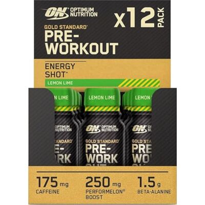Optimum Nutrition Gold Standard Pre-Workout Shot, Complément Alimentaire avec Bêta-alanine, Caféine, Vitamine B6 et B12, Saveur Citron Jaune et Vert, Boîte de 12 (12 x 60 ml) Optimum Nutrition Gold Standard Pre-Workout Shot, Complément Alimentaire avec Bêta-alanine, Caféine, Vitamine B6 et B12, Saveur Citron Jaune et Vert, Boîte de 12 (12 x 60 ml)
