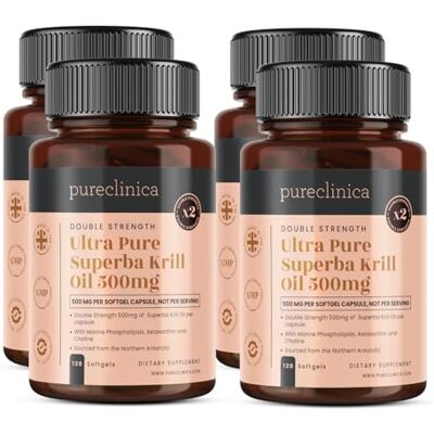 pureclinica Huile de Krill Ultra Pure 500mg x 480 gélules (4 bouteilles) provenant des eaux non polluées de l'Antarctique et riche en Astaxanthine et Oméga-3 pureclinica Huile de Krill Ultra Pure 500mg x 480 gélules (4 bouteilles) provenant des eaux non polluées de l'Antarctique et riche en Astaxanthine et Oméga-3