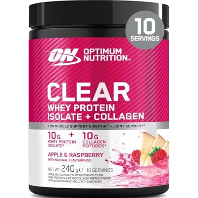 Optimum Nutrition Clear Whey + Collagène, Pomme & Framboise, 10 g Whey Isolate et 10 g Peptides de Collagène par Portion, Boisson Protéinée Claire pour les Articulations, 240 g, 10 Portions* Optimum Nutrition Clear Whey + Collagène, Pomme & Framboise, 10 g Whey Isolate et 10 g Peptides de Collagène par Portion, Boisson Protéinée Claire pour les Articulations, 240 g, 10 Portions*