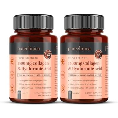 pureclinica 1500 mg Collagène UltraColl (1200 mg) et Acide Hyaluronique (300 mg) x 360 Comprimés (2 bouteilles de 180) pureclinica 1500 mg Collagène UltraColl (1200 mg) et Acide Hyaluronique (300 mg) x 360 Comprimés (2 bouteilles de 180)