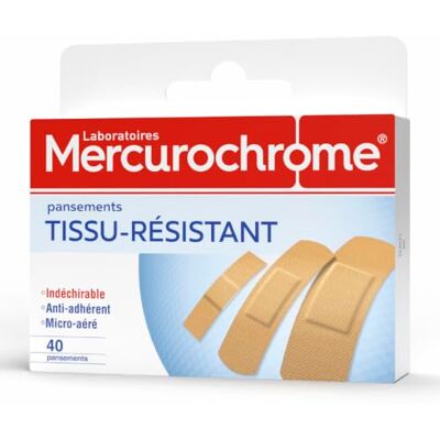 Mercurochrome Pansements Tissu-Résistant, protection optimale, hypoallergénique confortable, résistant ultra-extensible La boite de 40 pansements tissu Mercurochrome Pansements Tissu-Résistant, protection optimale, hypoallergénique confortable, résistant ultra-extensible La boite de 40 pansements tissu
