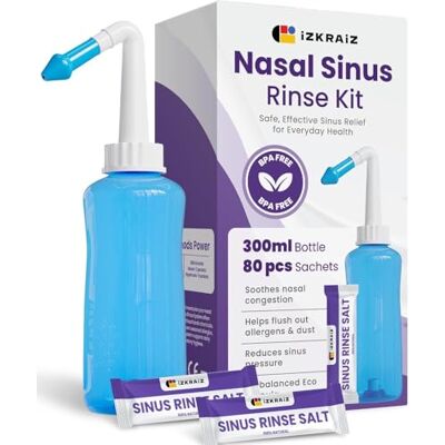 izkraiz Kit de rinçage nasal – Flacon Neti Pot 300 ml + 80 sachets de solution saline – Système de rinçage des sinus pour adultes et enfants – Naturel, sans médicament, pH équilibré pour soulager les izkraiz Kit de rinçage nasal – Flacon Neti Pot 300 ml + 80 sachets de solution saline – Système de rinçage des sinus pour adultes et enfants – Naturel, sans médicament, pH équilibré pour soulager les