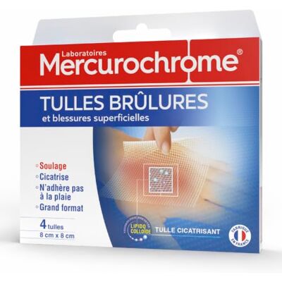 Mercurochrome Tulles brûlures et blessures superficielles Soulage et cicatrise Grand format 8cm x 8cm 4 Tulles Mercurochrome Tulles brûlures et blessures superficielles Soulage et cicatrise Grand format 8cm x 8cm 4 Tulles