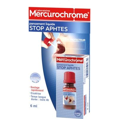 Mercurochrome Pansement Liquide Stop Aphtes, Favorise Cicatrisation 6ml Marque N°1 des Premiers Soins, Technologie Flimogel, Soulage, Tenue longue durée 4h, Application Facile, Pinceau Applicateur Mercurochrome Pansement Liquide Stop Aphtes, Favorise Cicatrisation 6ml Marque N°1 des Premiers Soins, Technologie Flimogel, Soulage, Tenue longue durée 4h, Application Facile, Pinceau Applicateur