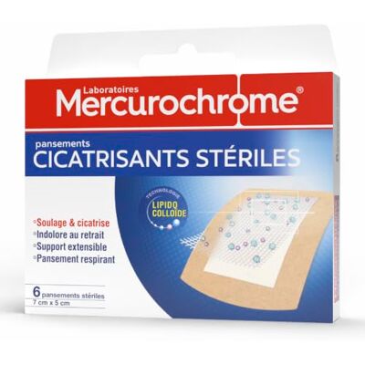 Mercurochrome Pansements Cicatrisants Stériles Soulage et Cicatrice Indolore au retrait Support extensible Pansement Respirant x6-7cm x 5cm Technologie Lipido Colloïde Mercurochrome Pansements Cicatrisants Stériles Soulage et Cicatrice Indolore au retrait Support extensible Pansement Respirant x6-7cm x 5cm Technologie Lipido Colloïde