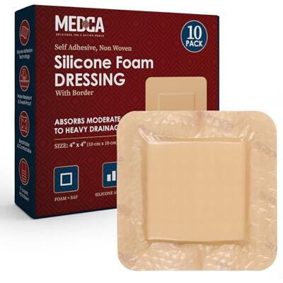 MEDca Pansement en mousse de silicone avec bordure adhésive 10,2 x 10,2 cm (lot de 10) Bandages en silicone imperméables pour plaies, pansement hautement absorbant MEDca Pansement en mousse de silicone avec bordure adhésive 10,2 x 10,2 cm (lot de 10) Bandages en silicone imperméables pour plaies, pansement hautement absorbant