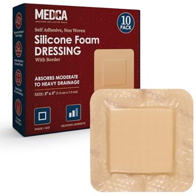 MEDca Pansement en mousse de silicone avec bordure adhésive 7,6 x 7,6 cm (lot de 10) bandages en silicone imperméables pour plaies, pansement très absorbant, soin pour escarres, escarres, ulcères MEDca Pansement en mousse de silicone avec bordure adhésive 7,6 x 7,6 cm (lot de 10) bandages en silicone imperméables pour plaies, pansement très absorbant, soin pour escarres, escarres, ulcères