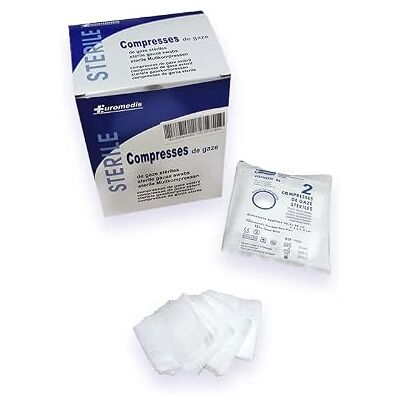 euromedis Compresse de gaze stérile 17 fils 8 plis 7,5 x 7,5 cm (27 x 30 cm dépliée) Boîte de 100 sachets individuels euromedis Compresse de gaze stérile 17 fils 8 plis 7,5 x 7,5 cm (27 x 30 cm dépliée) Boîte de 100 sachets individuels