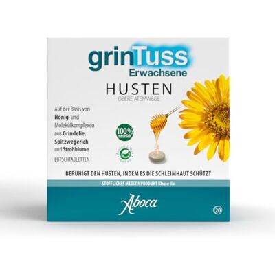 Aboca GrinTuss Lot de 20 pastilles à sucer contre la toux pour adultes Soulage la toux des voies respiratoires supérieures et protège la muqueuse Aboca GrinTuss Lot de 20 pastilles à sucer contre la toux pour adultes Soulage la toux des voies respiratoires supérieures et protège la muqueuse