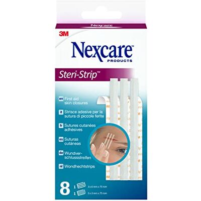 Nexcare Steri-Strip fermetures cutanées, tailles assorties, 8 pansements par pack, adaptés pour sécuriser et refermer les petites coupures et plaies, pour trousses de premiers soins Nexcare Steri-Strip fermetures cutanées, tailles assorties, 8 pansements par pack, adaptés pour sécuriser et refermer les petites coupures et plaies, pour trousses de premiers soins