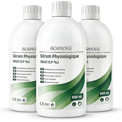 BORNOVA Solution saline 500 ml Solution saline isotonique NaCl 0,9 % pour rinçage nasal et nébulisation nasale Convient pour application aérosol Hygiène nasale quotidienne (3 x 500 ml) BORNOVA Solution saline 500 ml Solution saline isotonique NaCl 0,9 % pour rinçage nasal et nébulisation nasale Convient pour application aérosol Hygiène nasale quotidienne (3 x 500 ml)