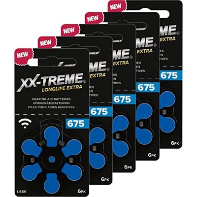 XX-Treme Longlife Extra Lot de 30 piles pour appareils auditifs type 675 Piles conçues pour une performance maximale Pack de 5 blisters de 6 piles pour appareils auditifs Code couleur bleu PR44 XX-Treme Longlife Extra Lot de 30 piles pour appareils auditifs type 675 Piles conçues pour une performance maximale Pack de 5 blisters de 6 piles pour appareils auditifs Code couleur bleu PR44