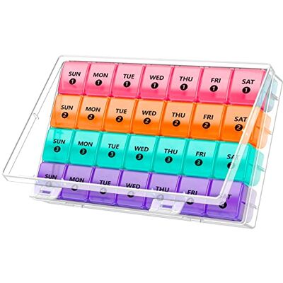 MEDca Pilulier mensuel extra large Pilulier couleur 7 jours une fois par jour avec 4 piluliers hebdomadaires pendant 28 jours Étui anti-poussière XL sans BPA pour pilules, comprimés, suppléments MEDca Pilulier mensuel extra large Pilulier couleur 7 jours une fois par jour avec 4 piluliers hebdomadaires pendant 28 jours Étui anti-poussière XL sans BPA pour pilules, comprimés, suppléments