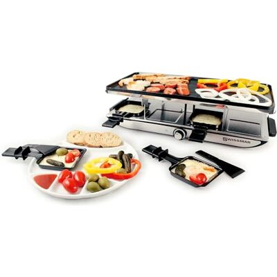 Swissmar Geneva Raclette 8 personnes, grill à raclette avec poêlons et poussoirs, plaque de cuisson antiadhésive en fonte d'aluminium et 8 poêlons à raclette, 1400 W Swissmar Geneva Raclette 8 personnes, grill à raclette avec poêlons et poussoirs, plaque de cuisson antiadhésive en fonte d'aluminium et 8 poêlons à raclette, 1400 W
