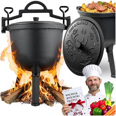 Berdsen Marmite en fonte de 8 l Pour feu de camp et barbecue Cuisson uniforme Avec 3 pieds et support de suspension Avec livre de recettes Noir Berdsen Marmite en fonte de 8 l Pour feu de camp et barbecue Cuisson uniforme Avec 3 pieds et support de suspension Avec livre de recettes Noir