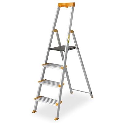 DRABEST Escabeau 4 Marches Pliable Échelle en Aluminium Escabeau Pliant avec Porte-Outils et Marches Extra Larges 120 mm avec Surface Antidérapante Capacité de Charge 150 kg DRABEST Escabeau 4 Marches Pliable Échelle en Aluminium Escabeau Pliant avec Porte-Outils et Marches Extra Larges 120 mm avec Surface Antidérapante Capacité de Charge 150 kg