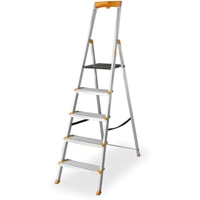 DRABEST Escabeau 5 Marches Pliable Échelle en Aluminium Escabeau Pliant avec Porte-Outils et Marches Extra Larges 120 mm avec Surface Antidérapante Capacité de Charge 150 kg DRABEST Escabeau 5 Marches Pliable Échelle en Aluminium Escabeau Pliant avec Porte-Outils et Marches Extra Larges 120 mm avec Surface Antidérapante Capacité de Charge 150 kg