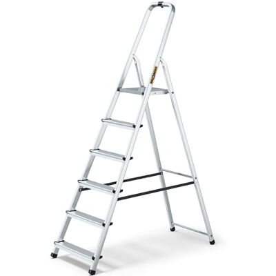 DRABEST Escabeau 6 Marches En Aluminium Capacité 125 KG Escabeau Avec Rail De Sécurité Et Plate-Forme De Travail Echelles Multi-Usages 48 X 191 X 12 Cm DRABEST Escabeau 6 Marches En Aluminium Capacité 125 KG Escabeau Avec Rail De Sécurité Et Plate-Forme De Travail Echelles Multi-Usages 48 X 191 X 12 Cm