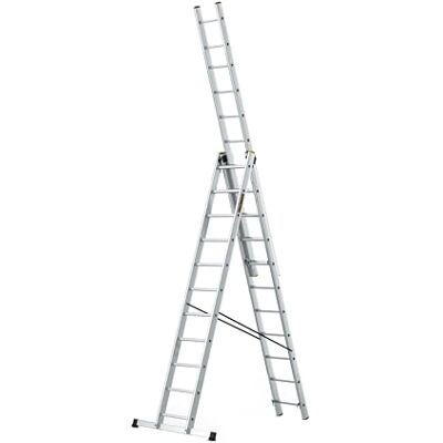 DRABEST PRO Sèries Échelle multifonction en aluminium 3x11 Escabeau à Trois Sections Jusqu'à 150 kg Hauteur de travail 6,31 m Echelle pliante crochet pour seau inclus DRABEST PRO Sèries Échelle multifonction en aluminium 3x11 Escabeau à Trois Sections Jusqu'à 150 kg Hauteur de travail 6,31 m Echelle pliante crochet pour seau inclus