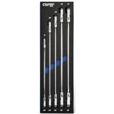 Capri Tools Jeu de 5 clés à cliquet réversibles 90 dents Extrémité double boîte 8 à 19 mm Avec plateau de marchandise Capri Tools Jeu de 5 clés à cliquet réversibles 90 dents Extrémité double boîte 8 à 19 mm Avec plateau de marchandise