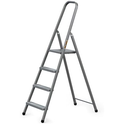 DRABEST Escabeau avec 4 marches charge max. 125 kg longueur 1,49 m hauteur de travail 2,75 m échelle double en acier peint par poudrage pour ménage, travaux de peinture gris DRABEST Escabeau avec 4 marches charge max. 125 kg longueur 1,49 m hauteur de travail 2,75 m échelle double en acier peint par poudrage pour ménage, travaux de peinture gris