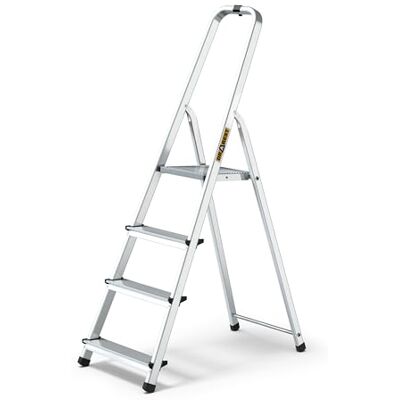 DRABEST Échelle domestique en aluminium, 4 marches, pliable, légère, antidérapante, charge maximale 125 kg, avec crochet DRABEST Échelle domestique en aluminium, 4 marches, pliable, légère, antidérapante, charge maximale 125 kg, avec crochet
