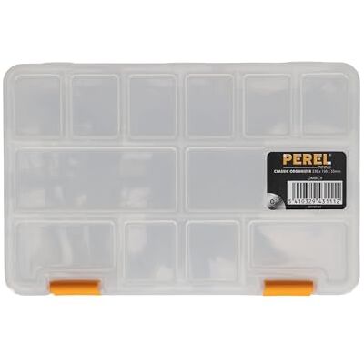 Perel Boîte d’assortiment, boîte de rangement en plastique, 15 compartiments fixes, entièrement transparente, empilable, format compact, pour vis écrous clous, petites pièces, hobby et atelier Perel Boîte d’assortiment, boîte de rangement en plastique, 15 compartiments fixes, entièrement transparente, empilable, format compact, pour vis écrous clous, petites pièces, hobby et atelier
