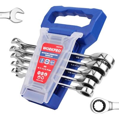 WORKPRO Lot de 5 clés mixtes métriques à cliquet en acier CR-V, 10 mm, 11 mm, 13 mm, 14 mm, 15 mm, 12 points, en acier CR-V, avec support de rangement WORKPRO Lot de 5 clés mixtes métriques à cliquet en acier CR-V, 10 mm, 11 mm, 13 mm, 14 mm, 15 mm, 12 points, en acier CR-V, avec support de rangement