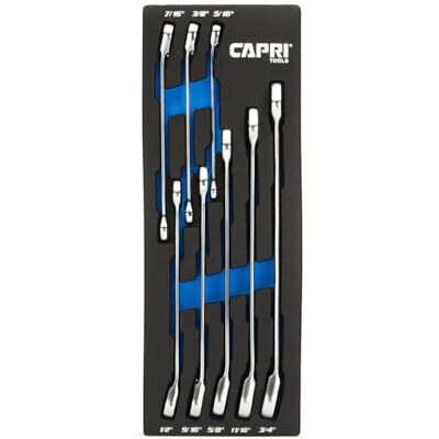 Capri Tools Lot de 8 clés à cliquet réversibles ultra lisses 120 dents, XL longue série, 12 points, 5/16 à 3/4", SAE, 8 pièces avec plateau de mécanicien Capri Tools Lot de 8 clés à cliquet réversibles ultra lisses 120 dents, XL longue série, 12 points, 5/16 à 3/4", SAE, 8 pièces avec plateau de mécanicien