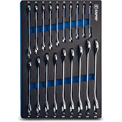 Capri Tools Jeu de 19 clés à angle ouvert de 30 et 60°, 6-24 mm, avec plateau mécanique Capri Tools Jeu de 19 clés à angle ouvert de 30 et 60°, 6-24 mm, avec plateau mécanique