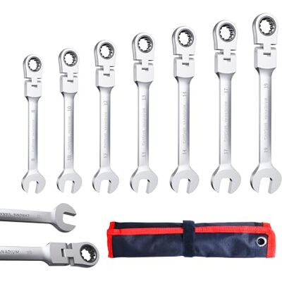 CCLIFE Jeu de 7 clés à cliquet articulées, clés à cliquet mixtes, clés à fourche 8-19 mm, Cr-V 72 dents, kit d'outils pour réparation de voiture, flexible à 180°, avec sac inclus CCLIFE Jeu de 7 clés à cliquet articulées, clés à cliquet mixtes, clés à fourche 8-19 mm, Cr-V 72 dents, kit d'outils pour réparation de voiture, flexible à 180°, avec sac inclus