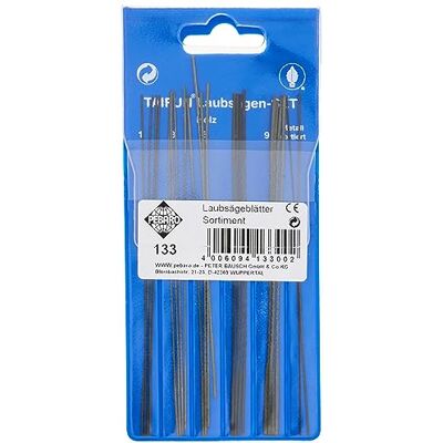 Pebaro Lot de 22 lames de scie à chantourner Différentes épaisseurs Pour le bois et le métal Pour le bricolage avec la scie à chantourner Longueur : 130 mm, trempées, compatibles avec toutes Pebaro Lot de 22 lames de scie à chantourner Différentes épaisseurs Pour le bois et le métal Pour le bricolage avec la scie à chantourner Longueur : 130 mm, trempées, compatibles avec toutes