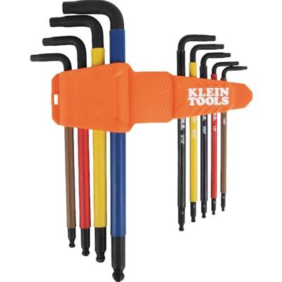 KLEIN TOOLS BLS9 Lot de 9 clés hexagonales extra longues SAE, code couleur, style L, traitées thermiquement, tailles 7/64" à 3/8 KLEIN TOOLS BLS9 Lot de 9 clés hexagonales extra longues SAE, code couleur, style L, traitées thermiquement, tailles 7/64" à 3/8