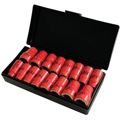 Wiha 31491 Jeu de douilles isolées 3/8", pouces/métriques, 16 pièces Wiha 31491 Jeu de douilles isolées 3/8", pouces/métriques, 16 pièces