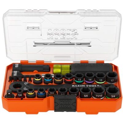 KLEIN TOOLS KNECT 65400KNECT Essential Pass Through Impact Socket Set SAE et métrique, cliquet 90 dents, boîtier MODbox, entraînement 3/8", 28 pièces KLEIN TOOLS KNECT 65400KNECT Essential Pass Through Impact Socket Set SAE et métrique, cliquet 90 dents, boîtier MODbox, entraînement 3/8", 28 pièces